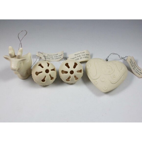 Provo Craft Lot of 4 Bisque Porcelain Ornaments Heart Jingle Bells Reindeer EUC - Picture 1 of 11